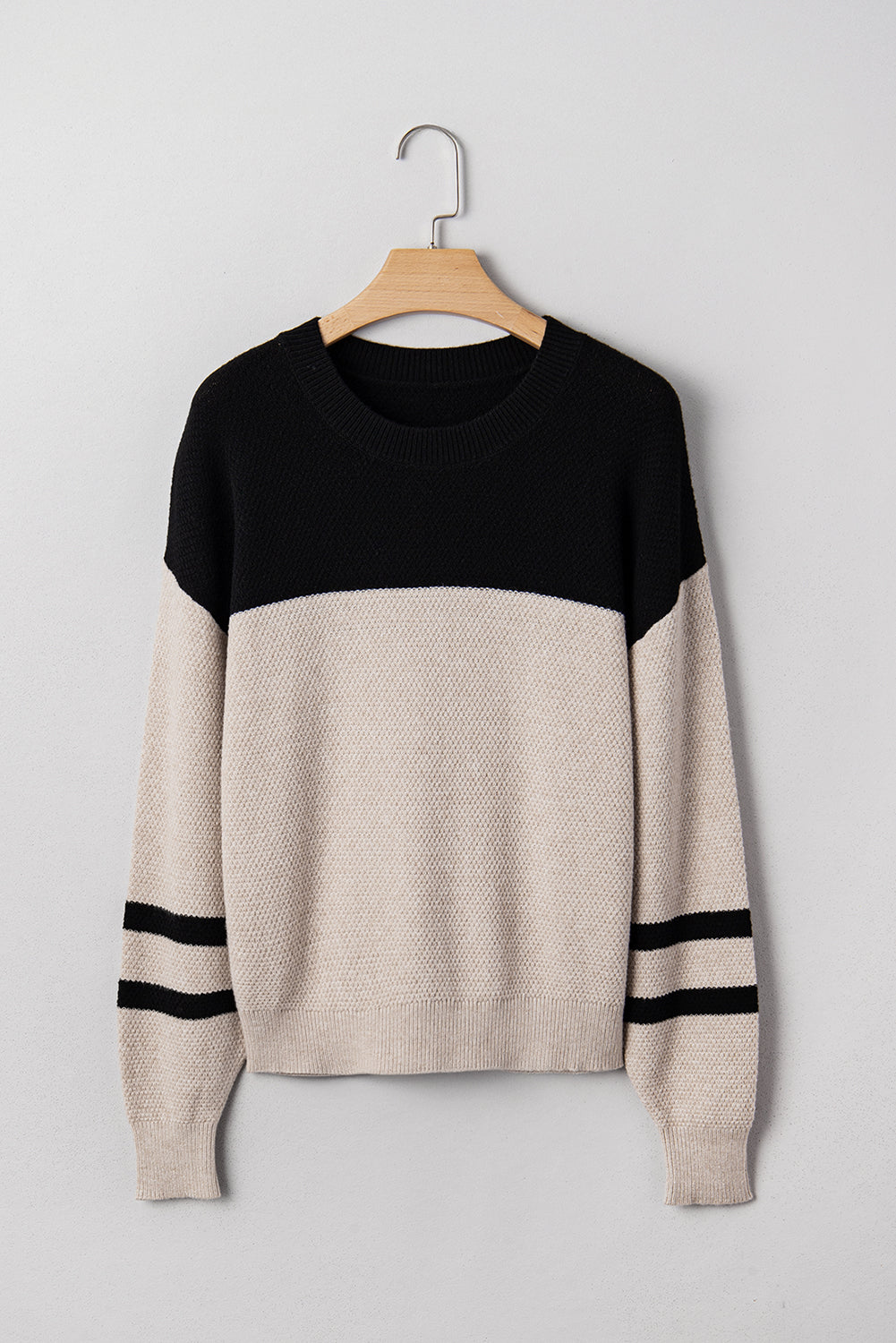 PREORDER: Color Block Knit Striped Sleeve Detail Casual Sweater (Ships in 3-4 weeks)