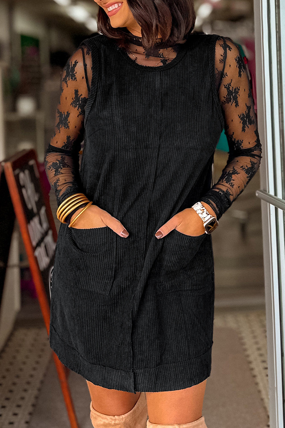 PREORDER: Black Corduroy Sleeveless Mini Dress With Patched Pockets (Ships 3-4 Weeks)