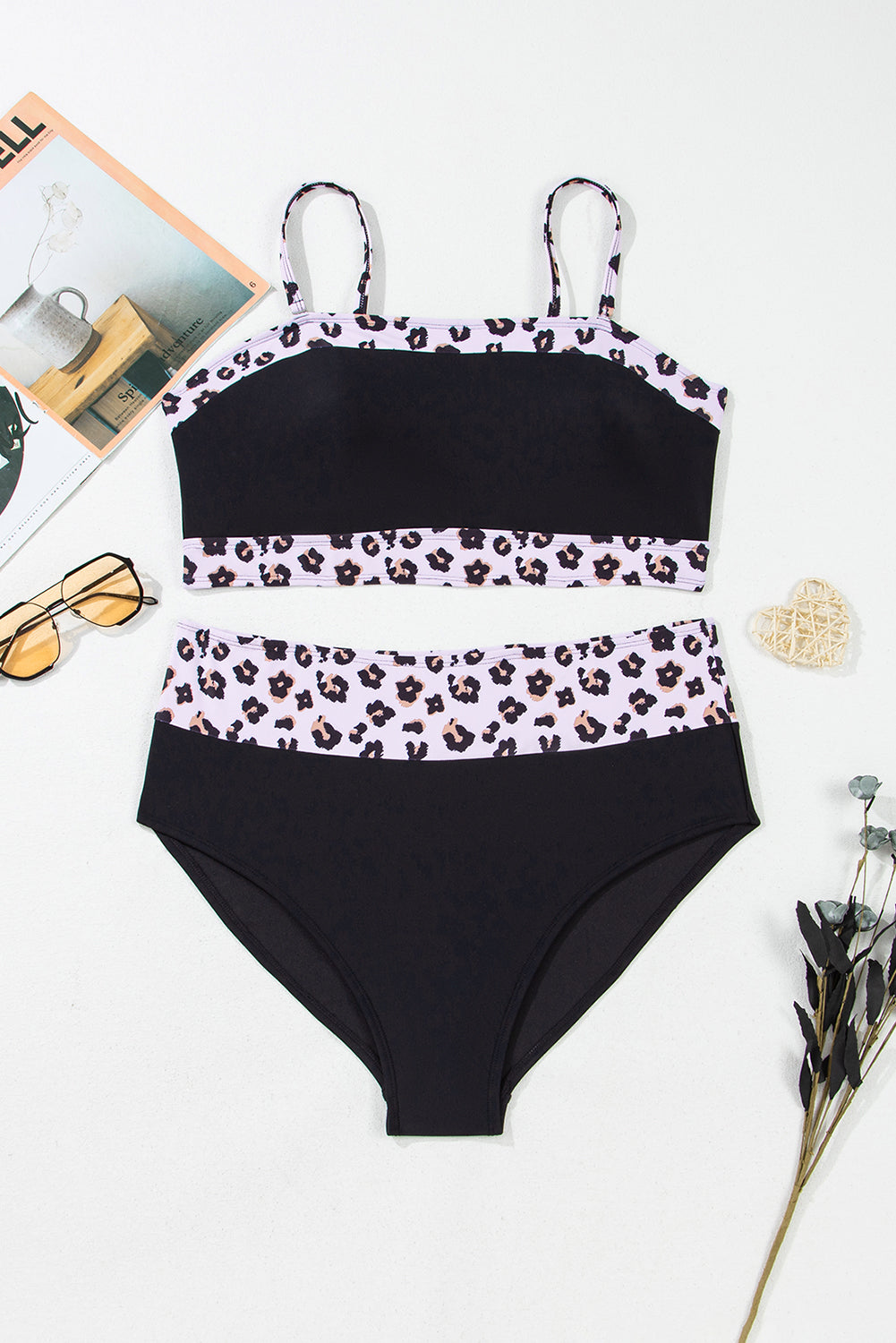 PREORDER: Plus Size Black 2pcs Leopard Patchwork High Waisted Swimsuit (Ships 2-5 weeks)