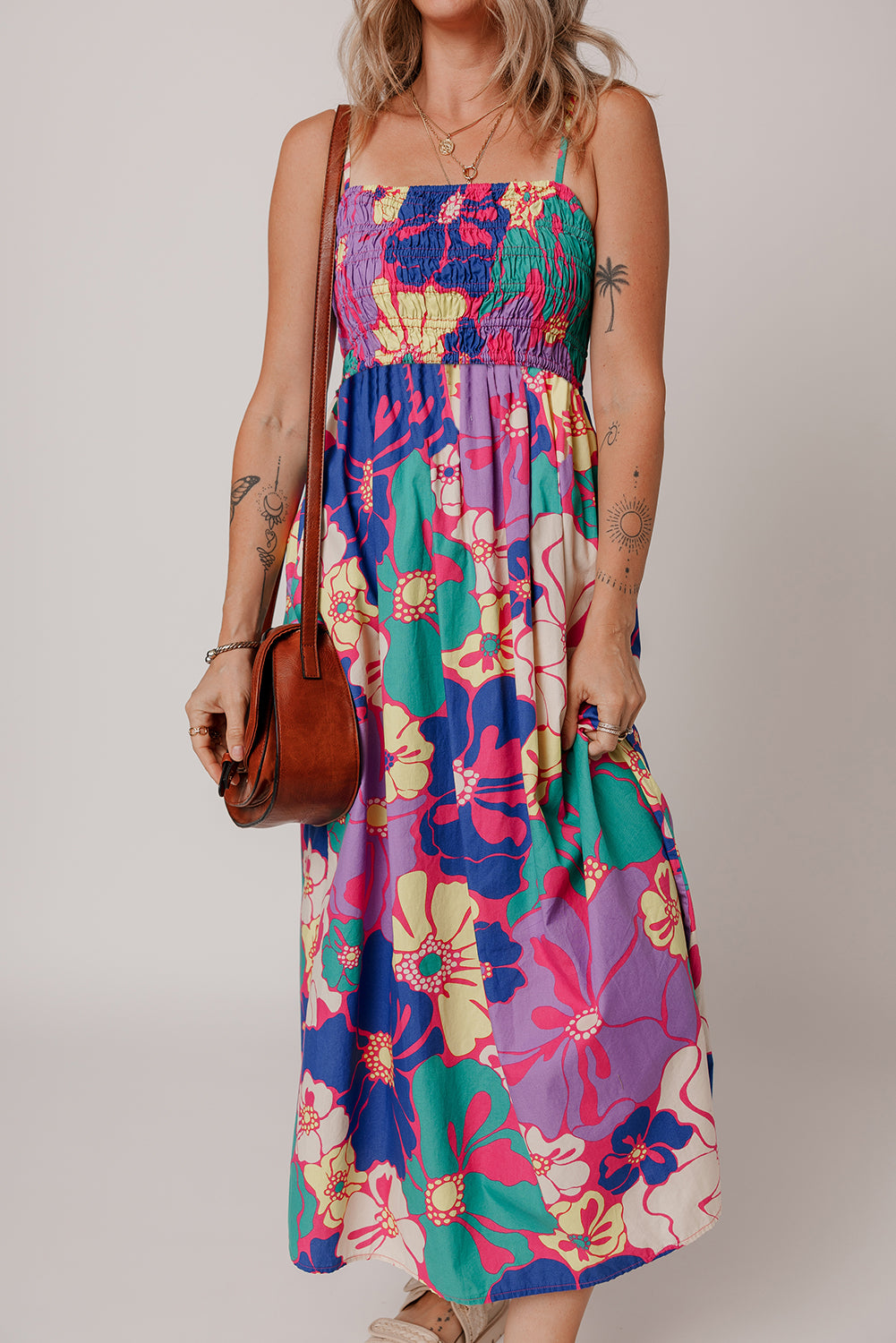 PREORDER: Purple Floral Print Shirred Spaghetti Strap Loose Maxi Dress (Ships 2-4 weeks)
