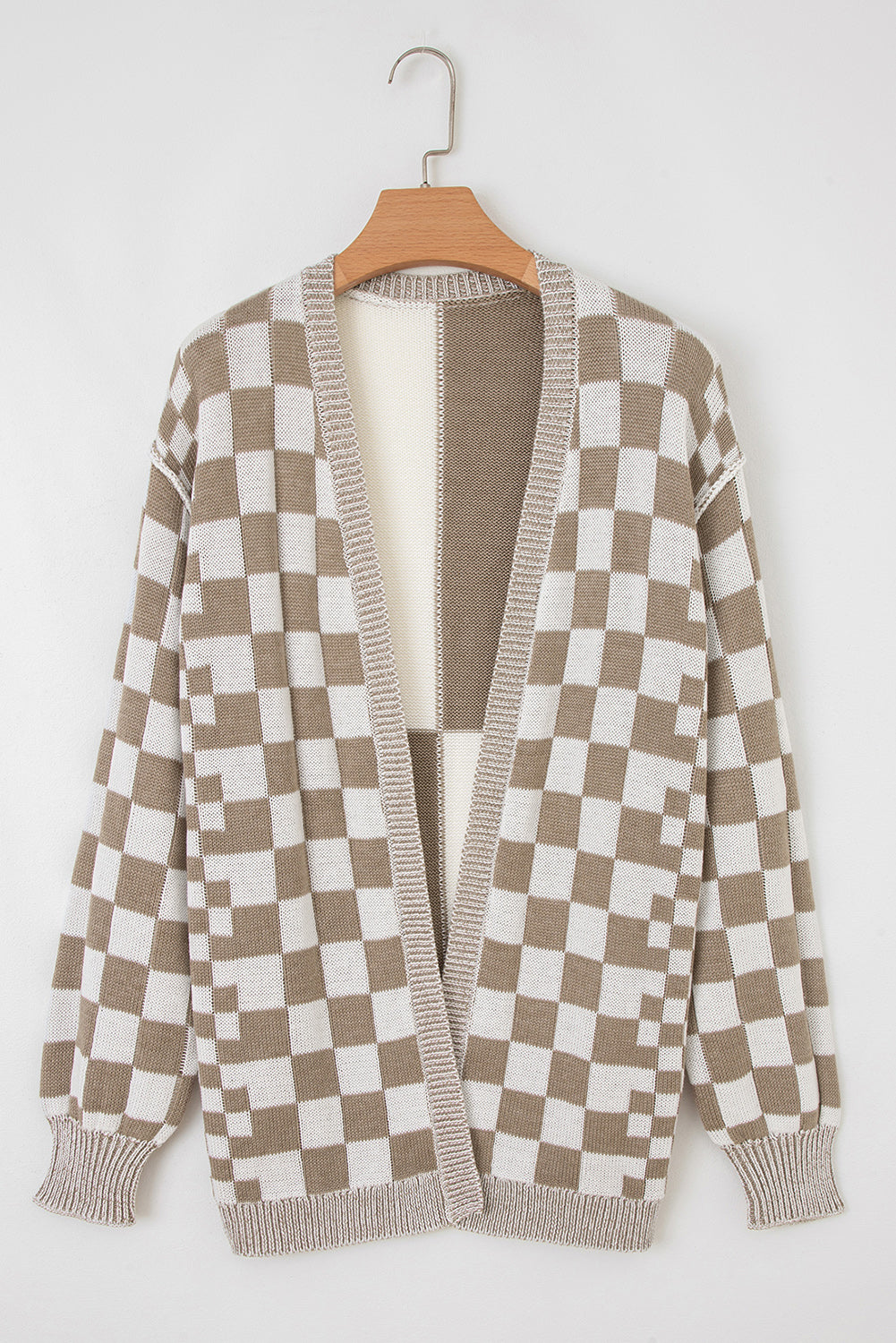 PREORDER: Brown Checkered Open Front Drop Shoulder Cardigan (Ships 3-4 Weeks)