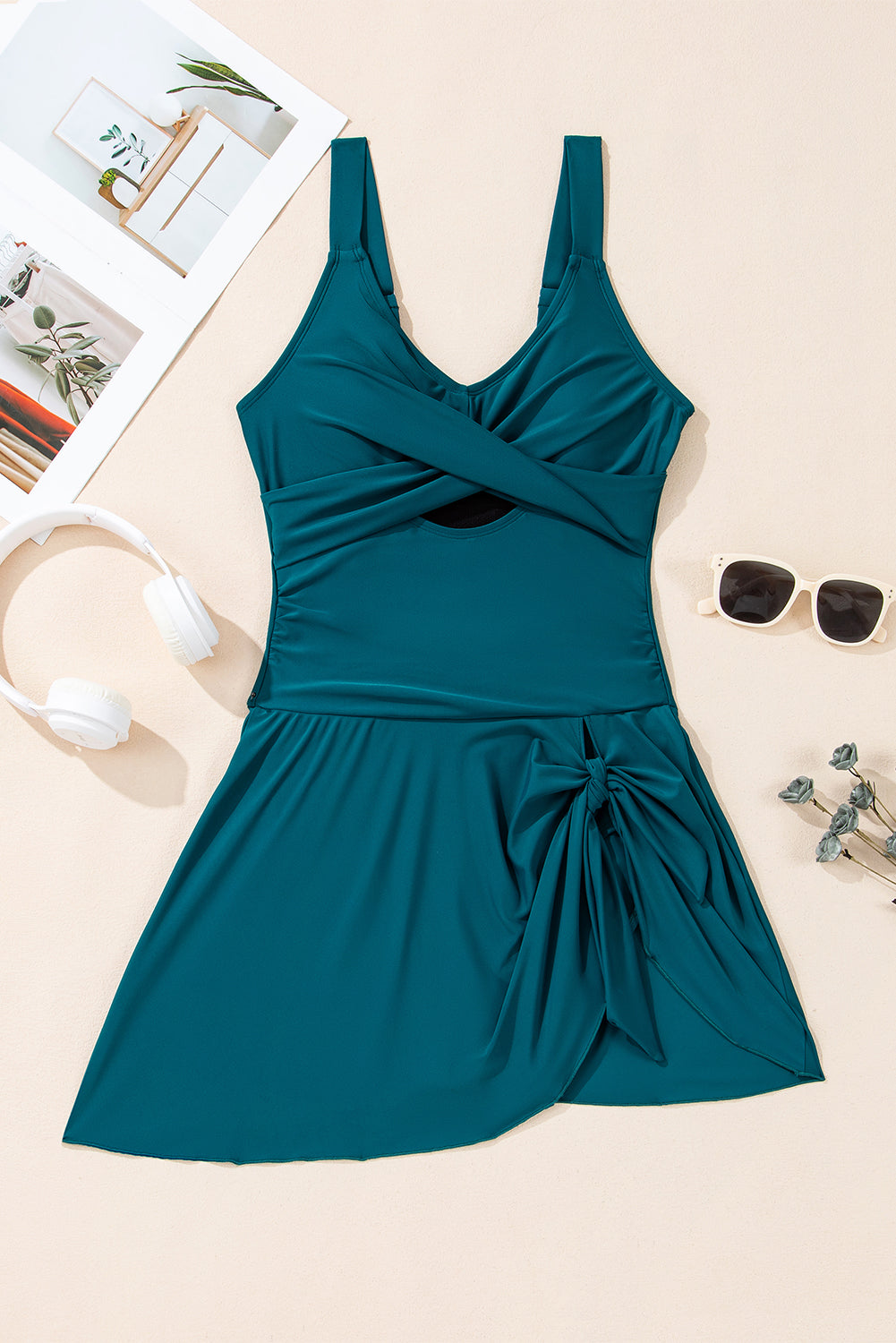 PREORDER: Sea Green Adjustable Straps Cutout Ruched Knot Slit One Piece Swim Dress (Ships 2-5 weeks)