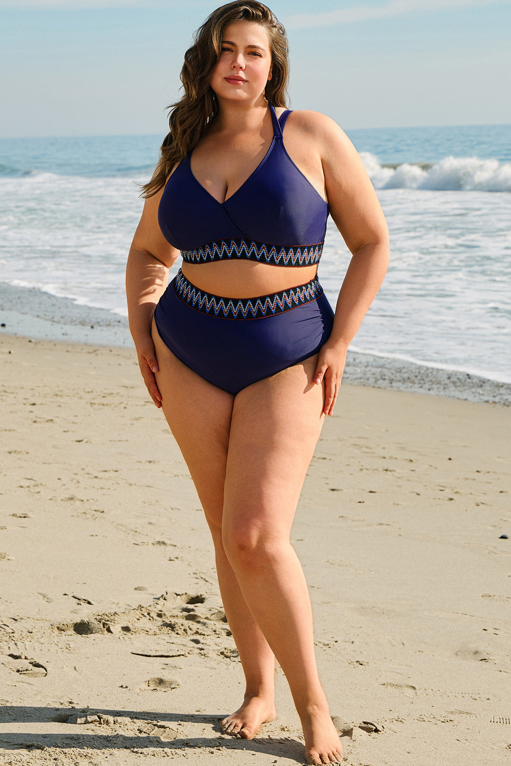 PREORDER: Plus Size Navy Blue Embroidered Trim Wrap Tie Knot High Waisted Bikini (Ships 2-5 weeks)
