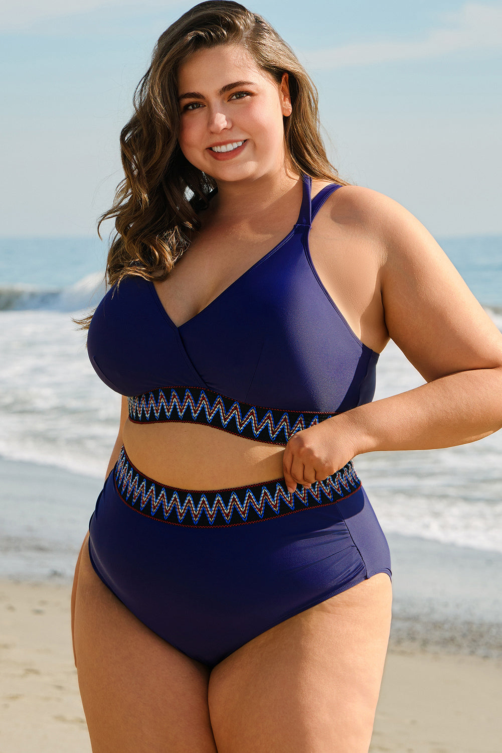 PREORDER: Plus Size Navy Blue Embroidered Trim Wrap Tie Knot High Waisted Bikini (Ships 2-5 weeks)