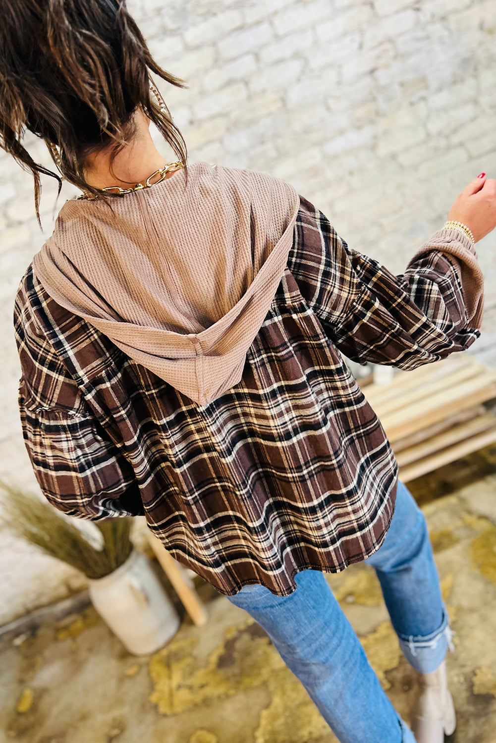 PREORDER: Brown Plaid Patchwork Long Sleeve Button Hooded Blouse (Ships 3-4 Weeks)