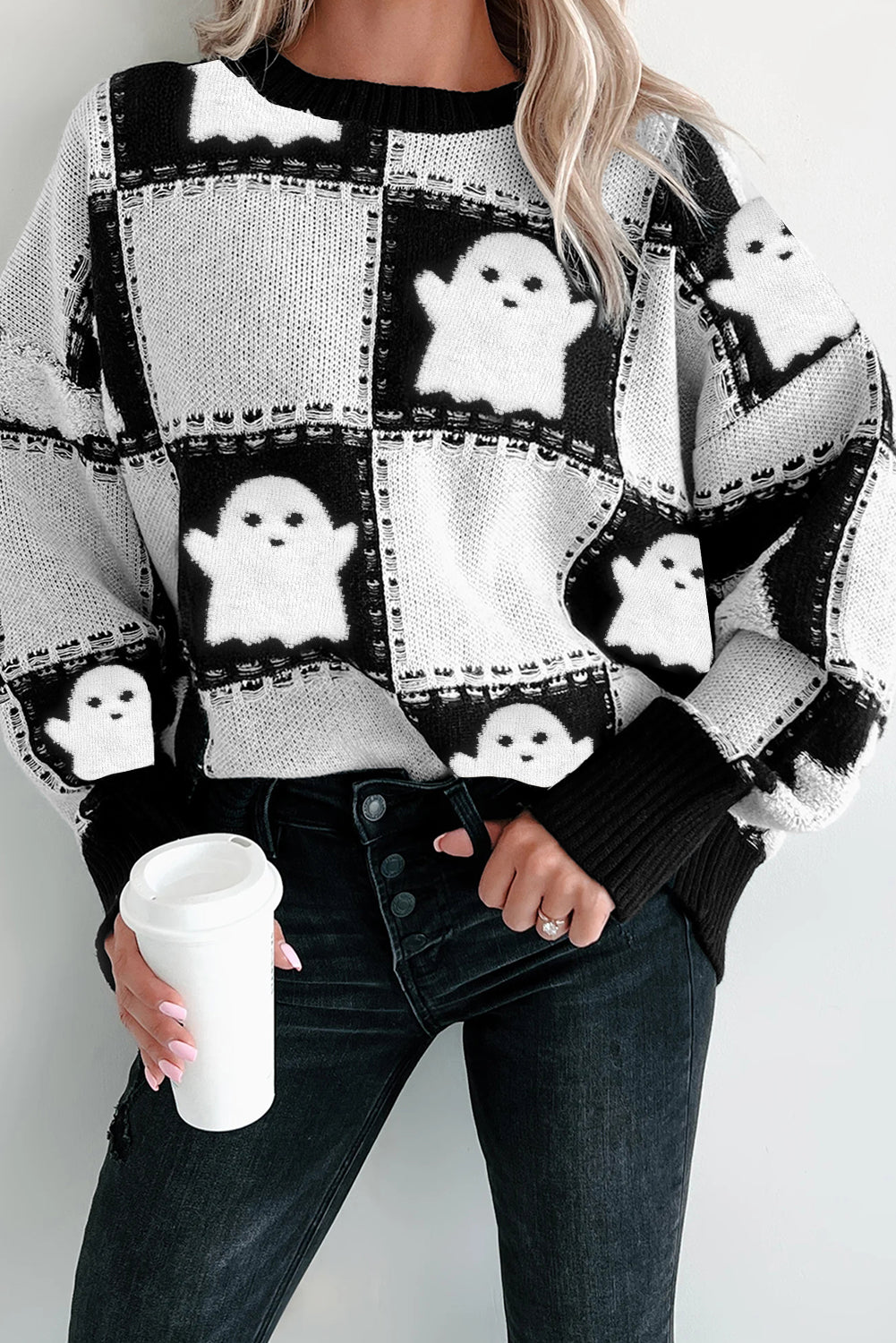 PREORDER: Black Halloween Ghost Checkered Drop Shoulder Sweater(Ships 3-4 Weeks)
