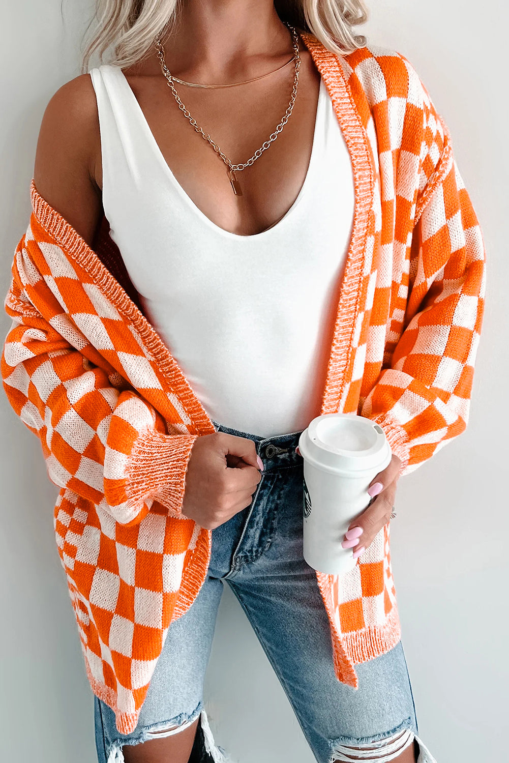 PREORDER: Orange Checkered Open Front Drop Shoulder Cardigan (Ships 2-4 Weeks)
