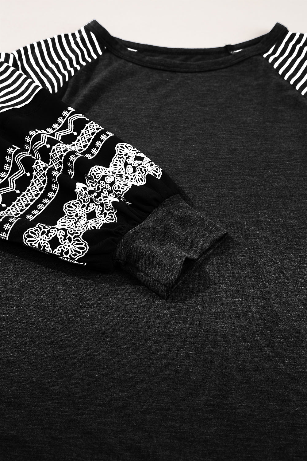 PREORDER: Black Contrast Print Striped Raglan Long Sleeve Loose Top (Ships 3-4 Weeks)