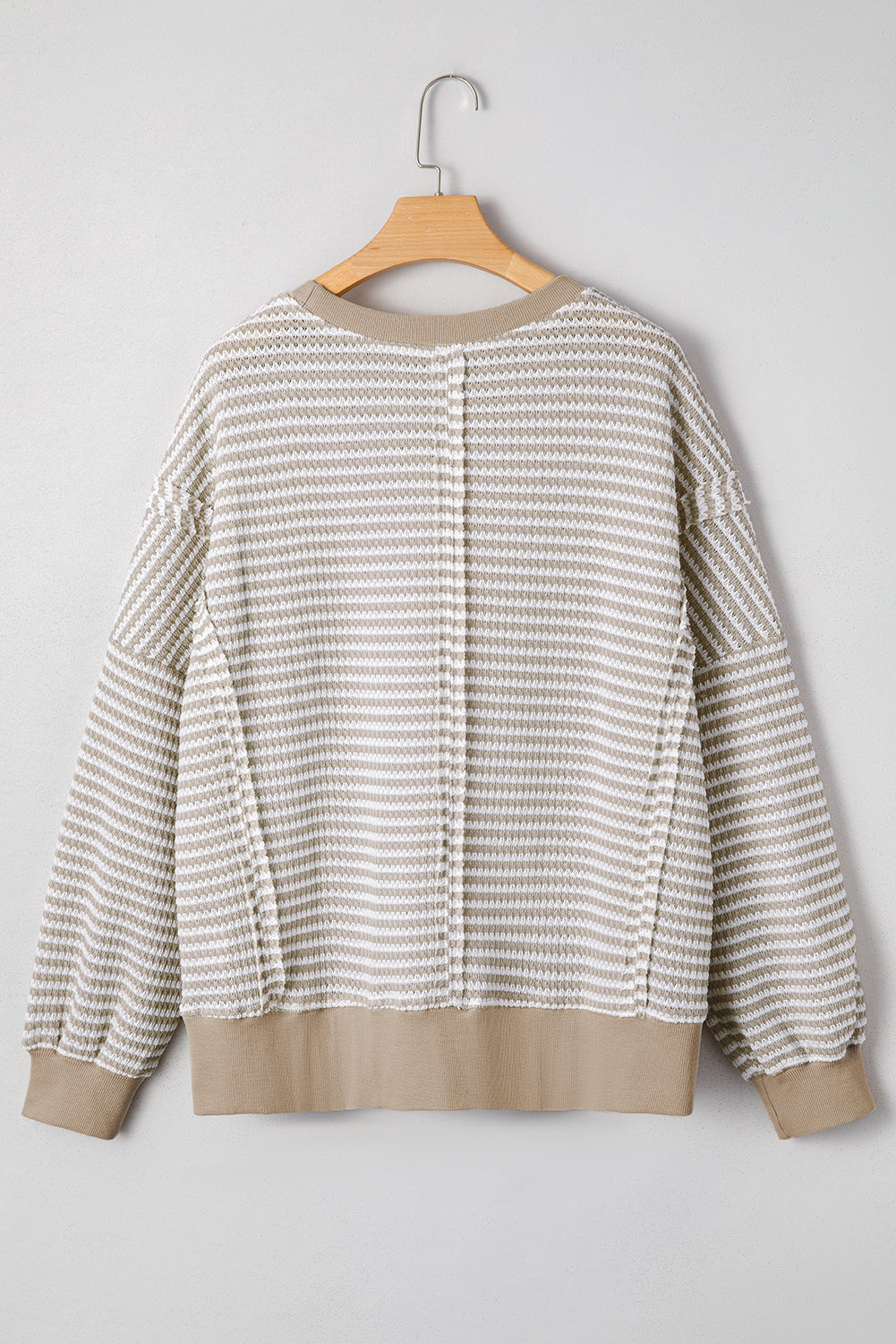 PREORDER: Brown Stripe Ribbed Trim Drop Shoulder Long Sleeve Oversize Top (Ships 3-4 Weeks)