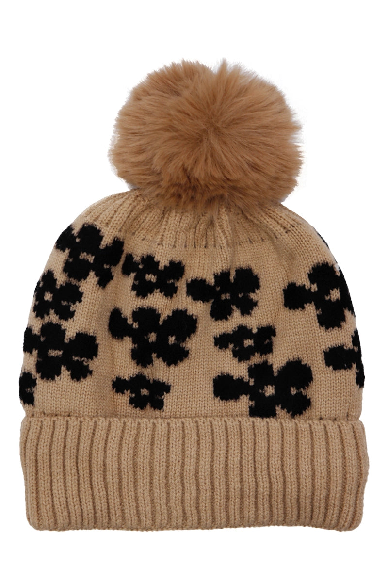 Daisy Floral Cable Knitted Fleece Lined Beanie