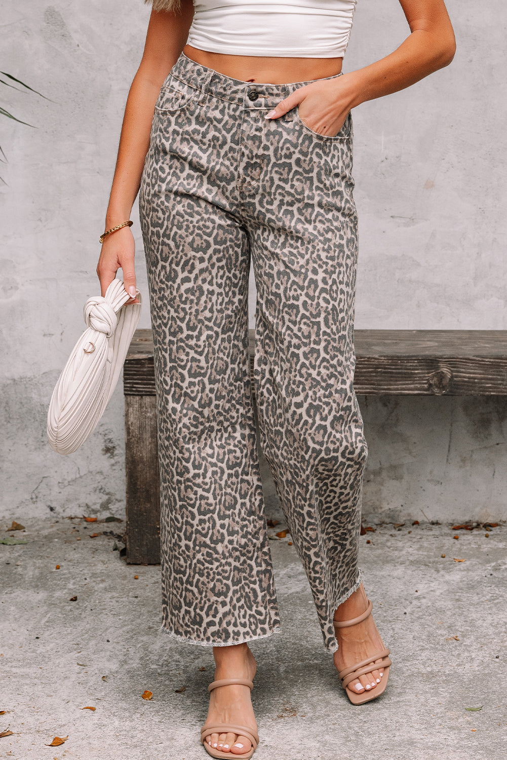 PREORDER: Brown Leopard Frayed Edge Wide Leg High Waist Jeans (Ships in 3-4 weeks)