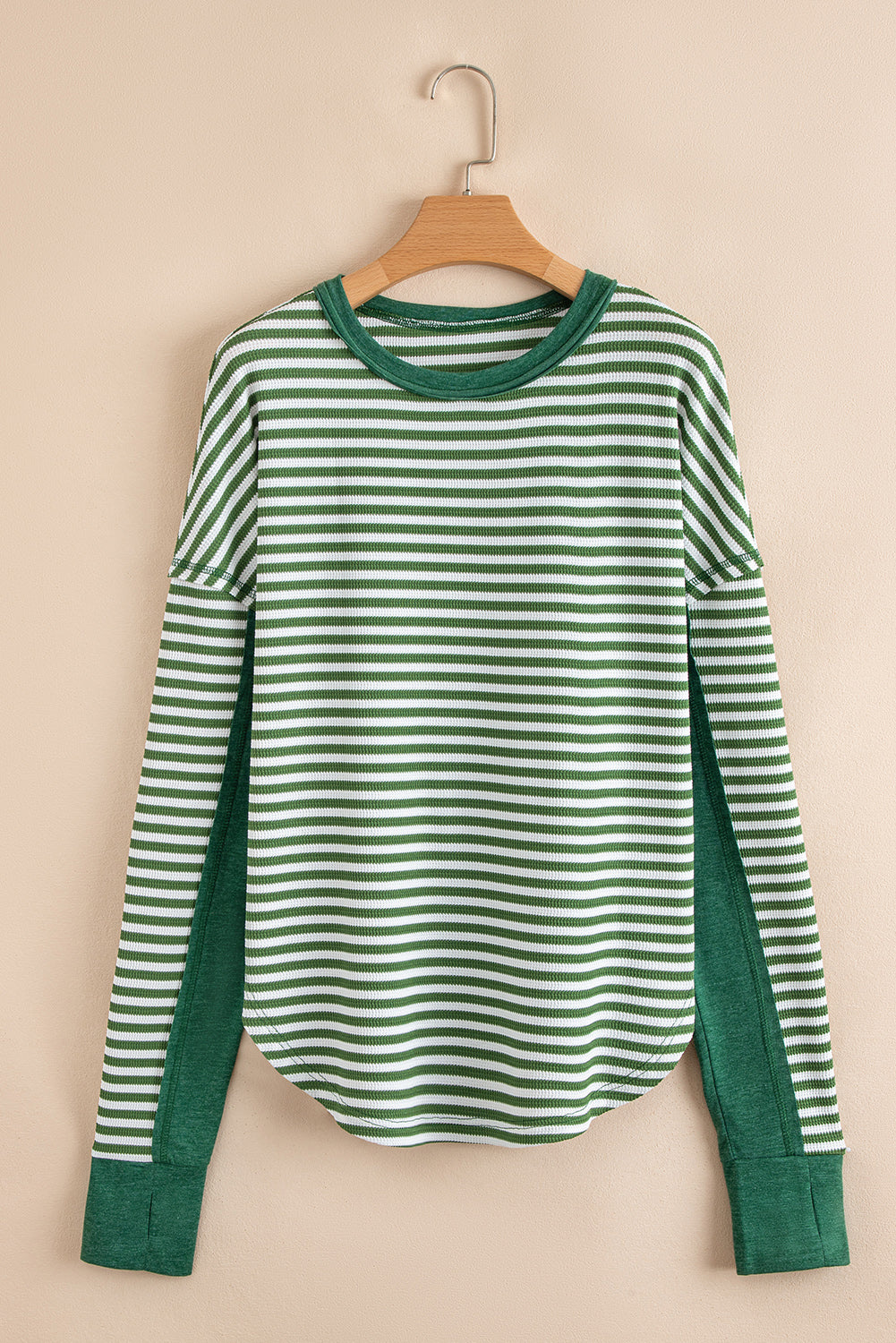 PREORDER: Green Stripe Thermal Knit Drop Shoulder Casual Top (Ships 3-4 Weeks)