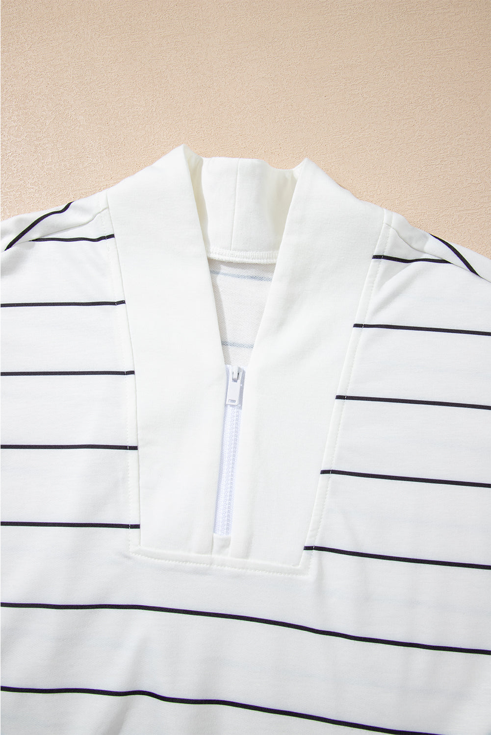 PREORDER: White Zip V Neck Casual Stripe Print Drop Shoulder Long Sleeve Top (Ships 21-28 Business Days)