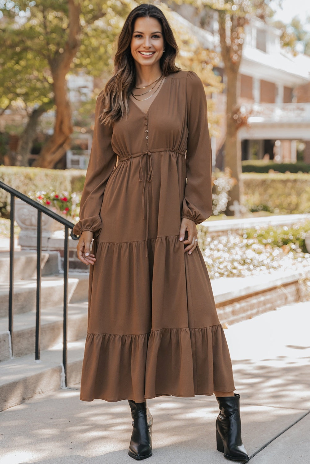 PREORDER: Chestnut Solid Long Sleeve Button V Neck Tiered Maxi Dress (Ships in 3-4 weeks)