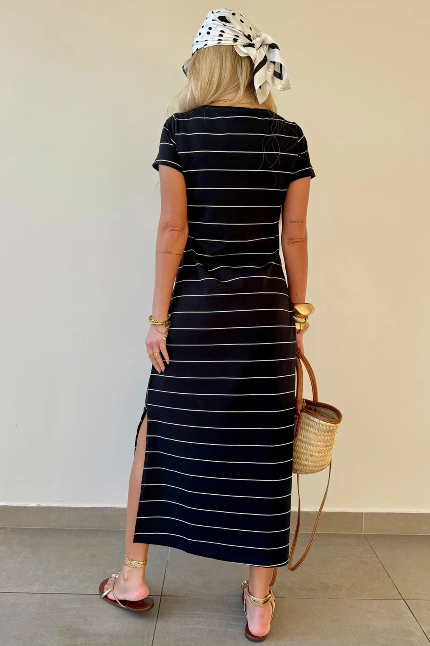 PREORDER: Striped Casual Short Sleeve Side Slit Maxi T Shirt Dress (Ships 21-28 Business Days)