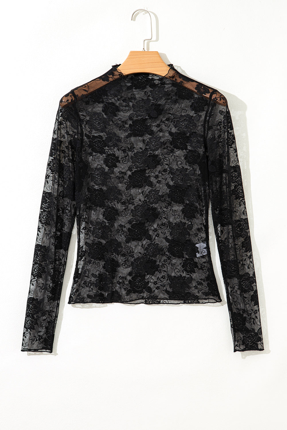 PREORDER: Black Sheer Floral Lace Mesh Mock Neck Long Sleeve Top (Ships 3-4 Weeks)