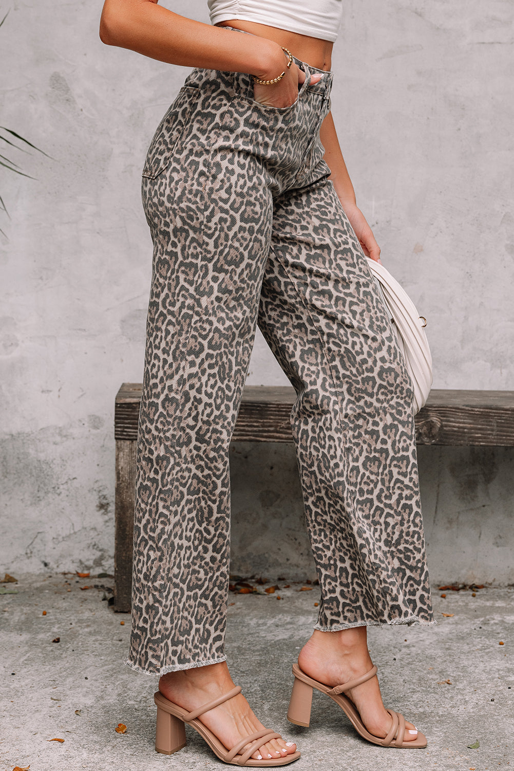 PREORDER: Brown Leopard Frayed Edge Wide Leg High Waist Jeans (Ships in 3-4 weeks)