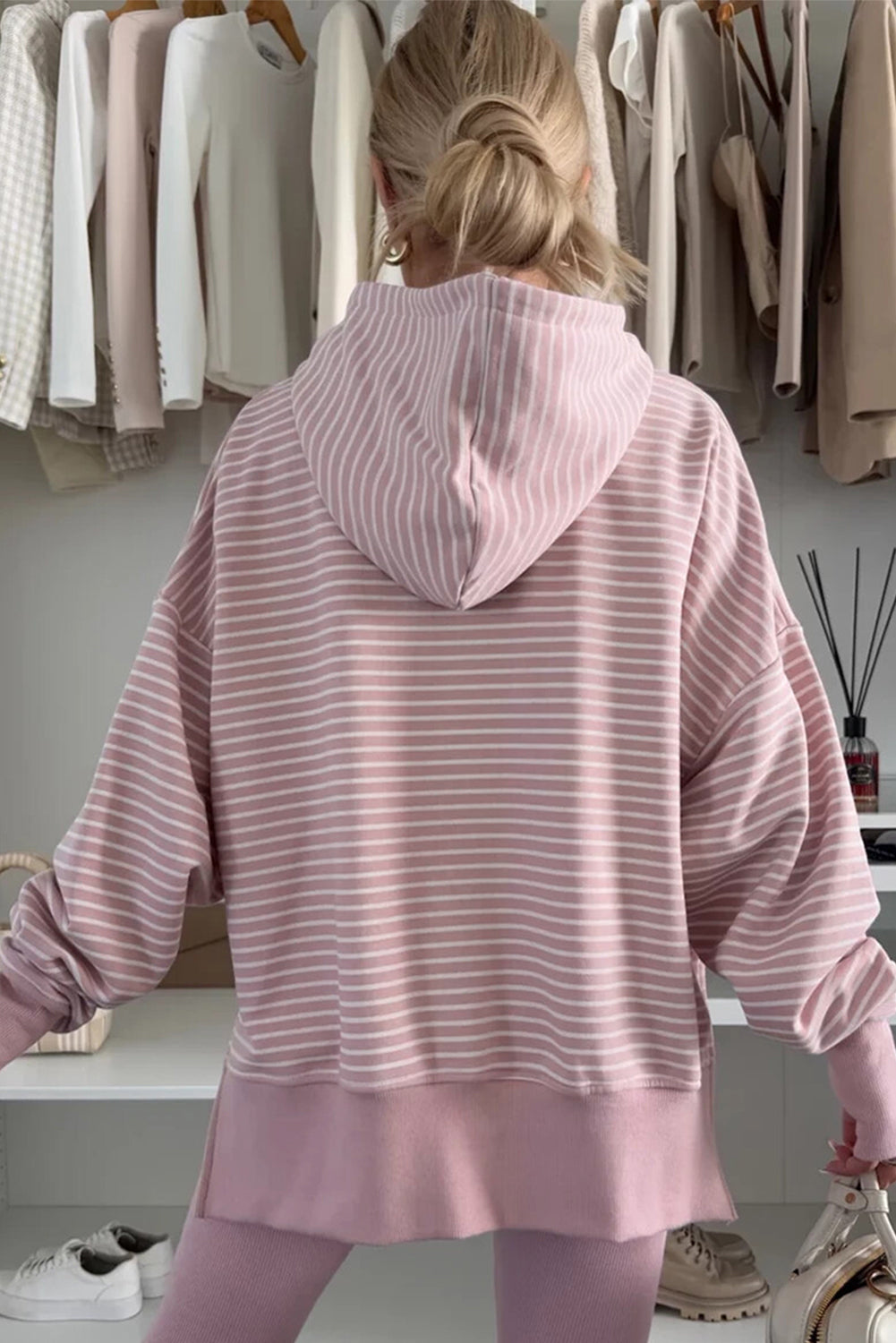 PREORDER: Purple Stripe Thumbhole Side Slits Drop Shoulder Loose Fit Hoodie (Ships 3-4 Weeks)