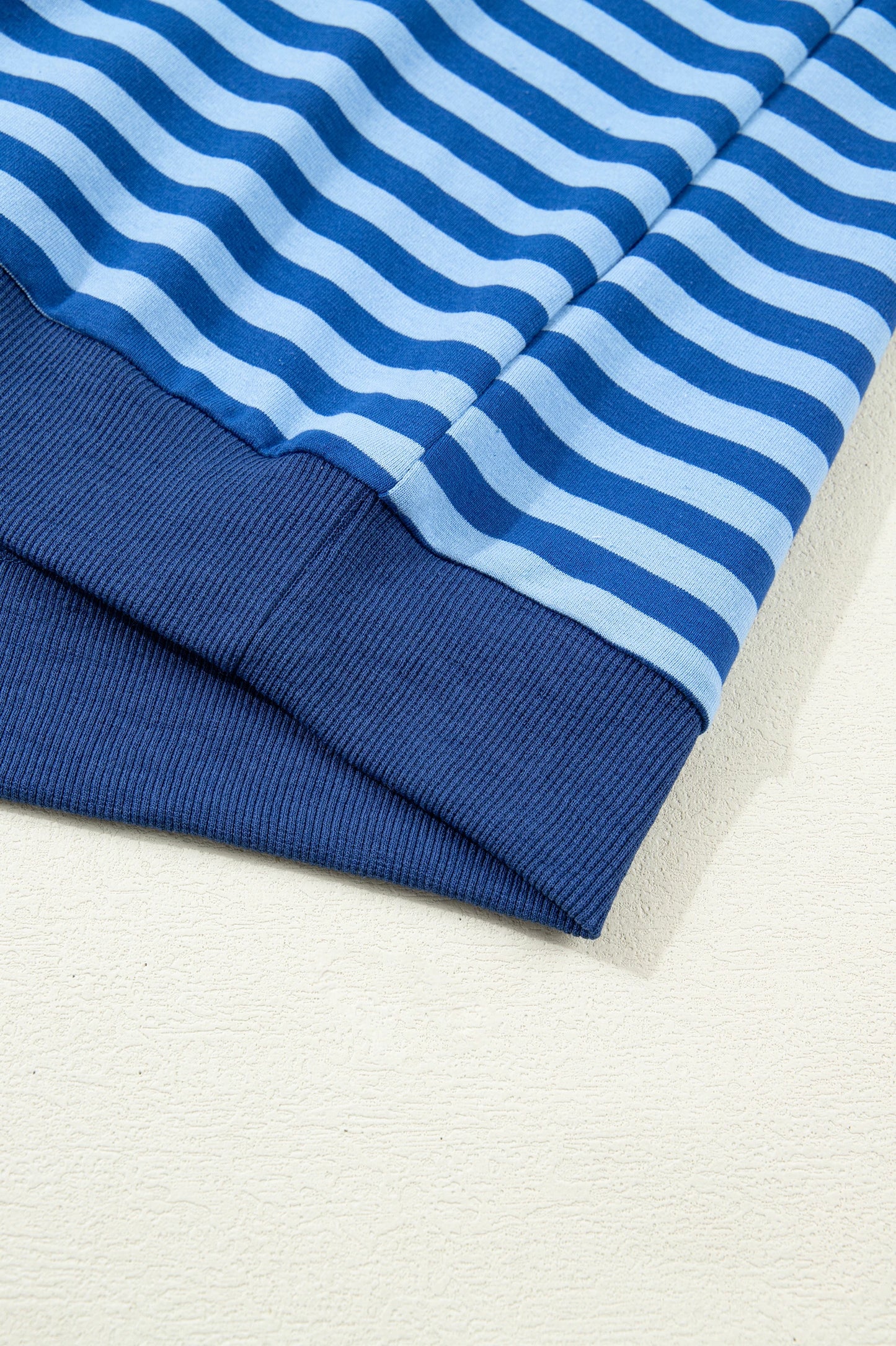 PREORDER: Blue Stripe Drop Shoulder Long Sleeve Pullover Elastic Waist Casual Short Set (Ships 21-28 Business Days)