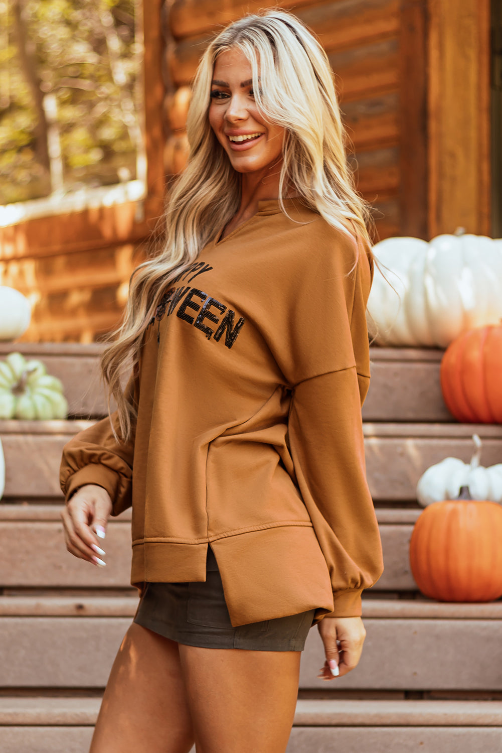 PREORDER: Chestnut Sequin Happy Halloween Top (Ships 3-4 Weeks)