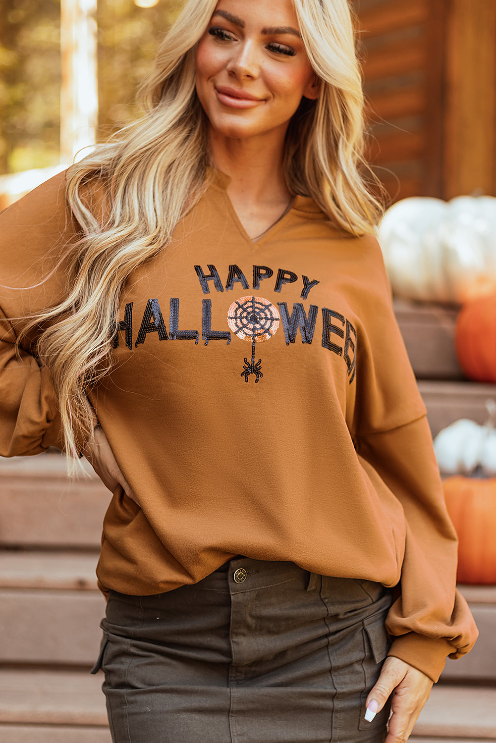 PREORDER: Chestnut Sequin Happy Halloween Top (Ships 3-4 Weeks)