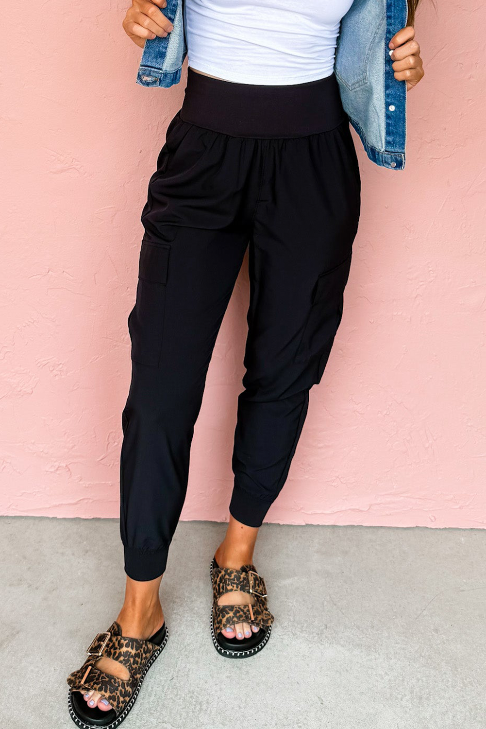 PREORDER: Black Elastic High Waist Pocketed Cargo Jogger Pants (Ships 3-4 Weeks)