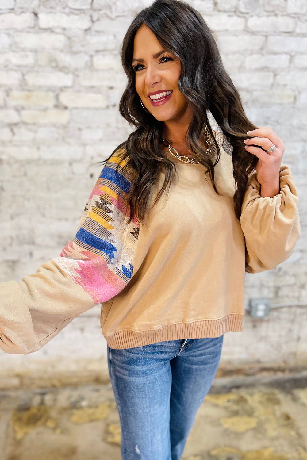 PREORDER: Light French Beige Aztec Patchwork Raglan Pullover Sweatshirt (Ships 2-4 Weeks)