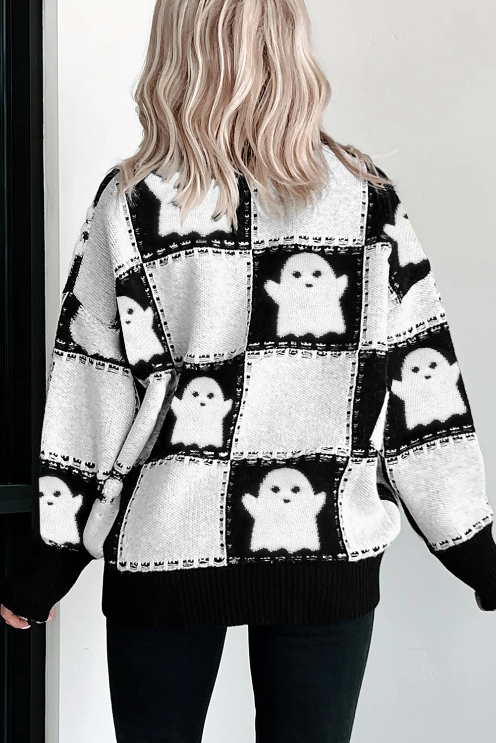 PREORDER: Black Halloween Ghost Checkered Drop Shoulder Sweater(Ships 3-4 Weeks)