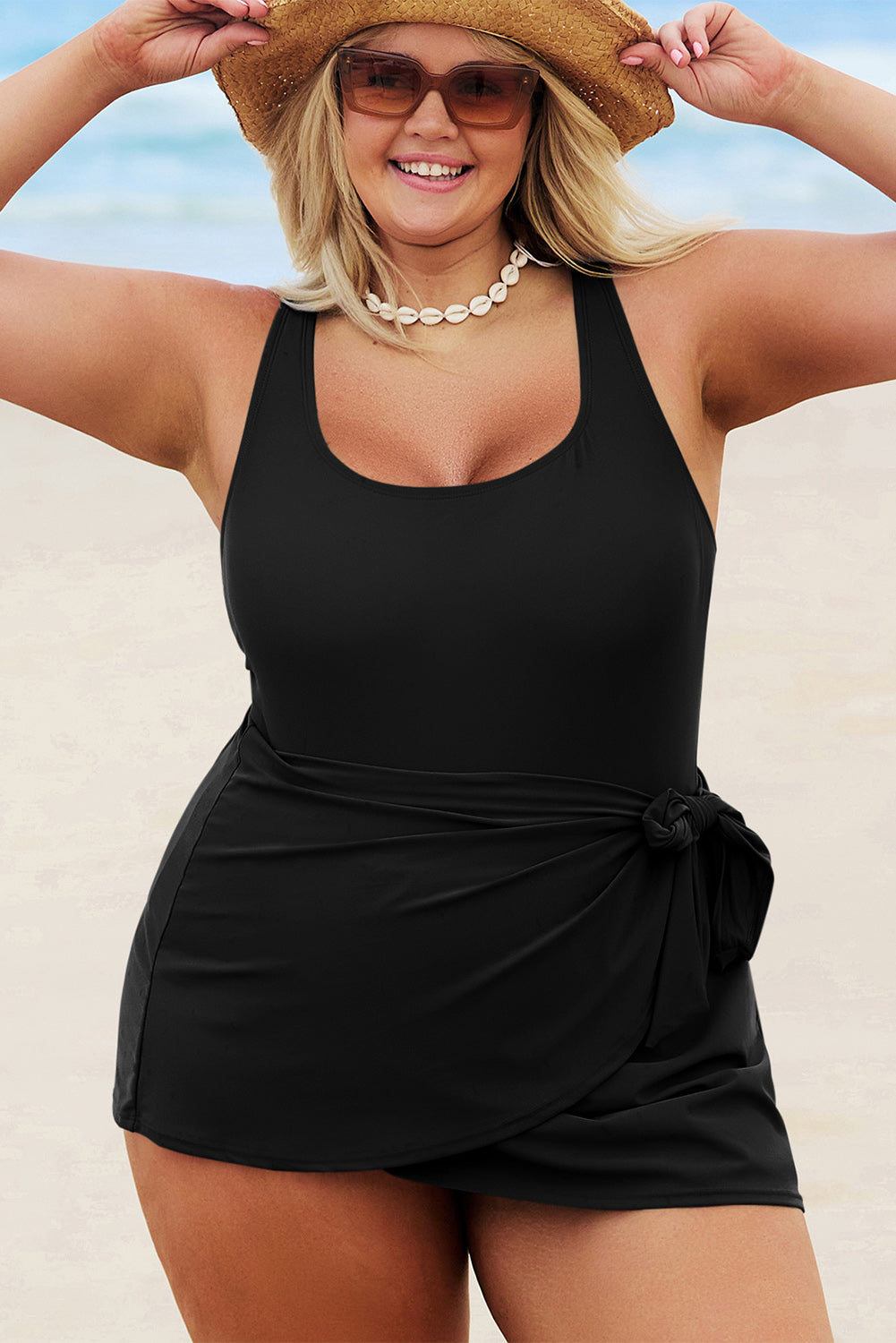 PREORDER: Plus Size Black Solid Color Square Neck Knotted One Piece Swimsuit (Ships 2-5 weeks)