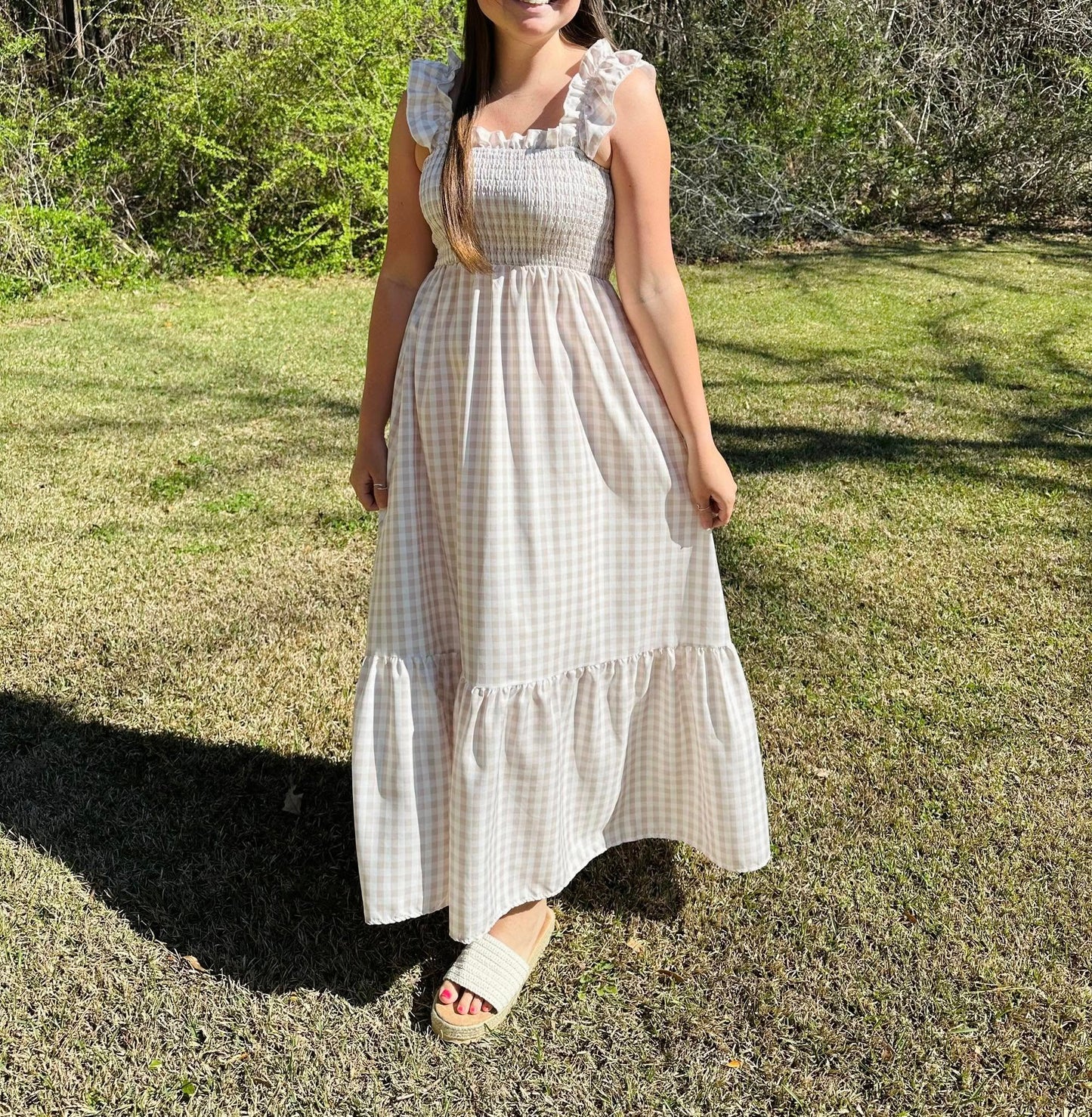 PREORDER: Boho Checkered Dress in Beige