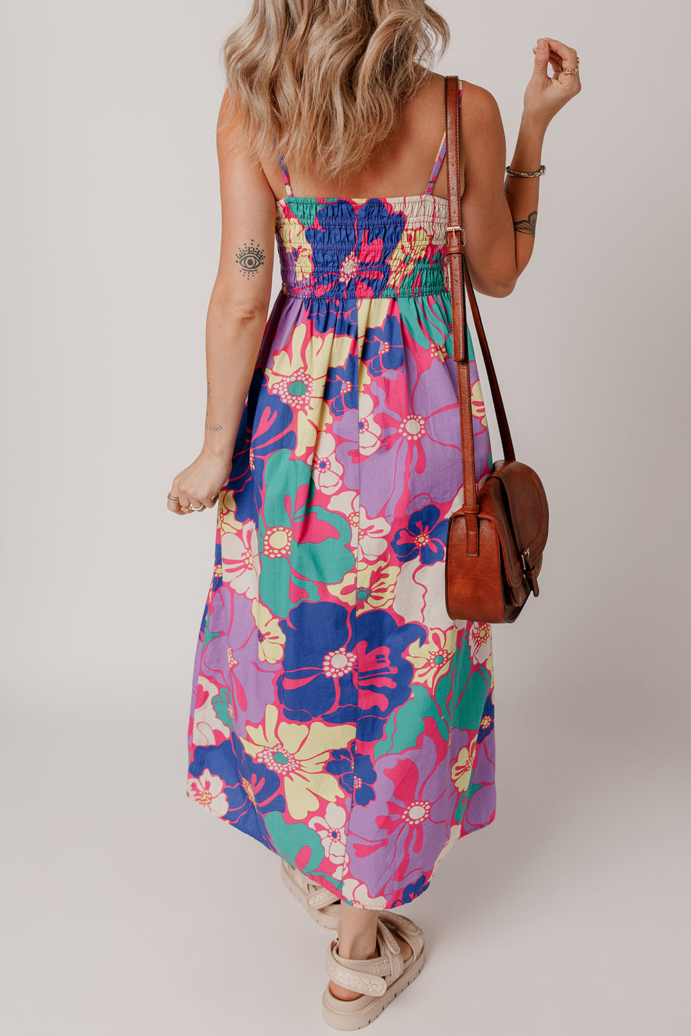 PREORDER: Purple Floral Print Shirred Spaghetti Strap Loose Maxi Dress (Ships 2-4 weeks)
