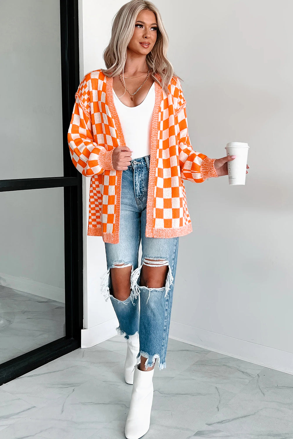 PREORDER: Orange Checkered Open Front Drop Shoulder Cardigan (Ships 2-4 Weeks)