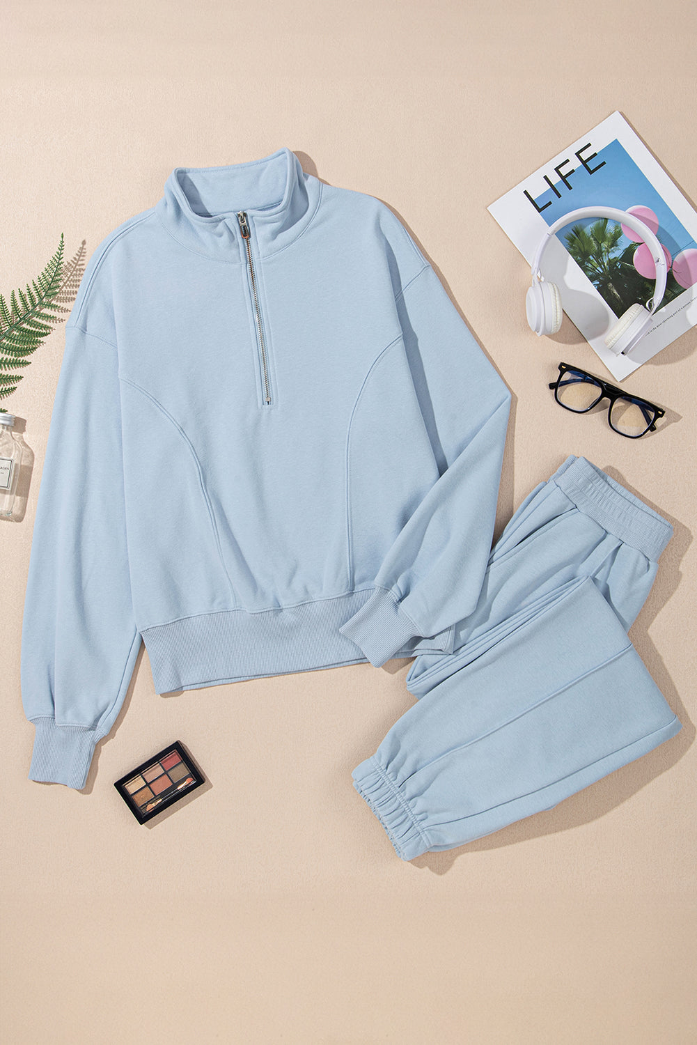 PREORDER: Sky Blue Half Zip up Pullover Active Top and Joggers Set (Ships 3-4 Weeks)