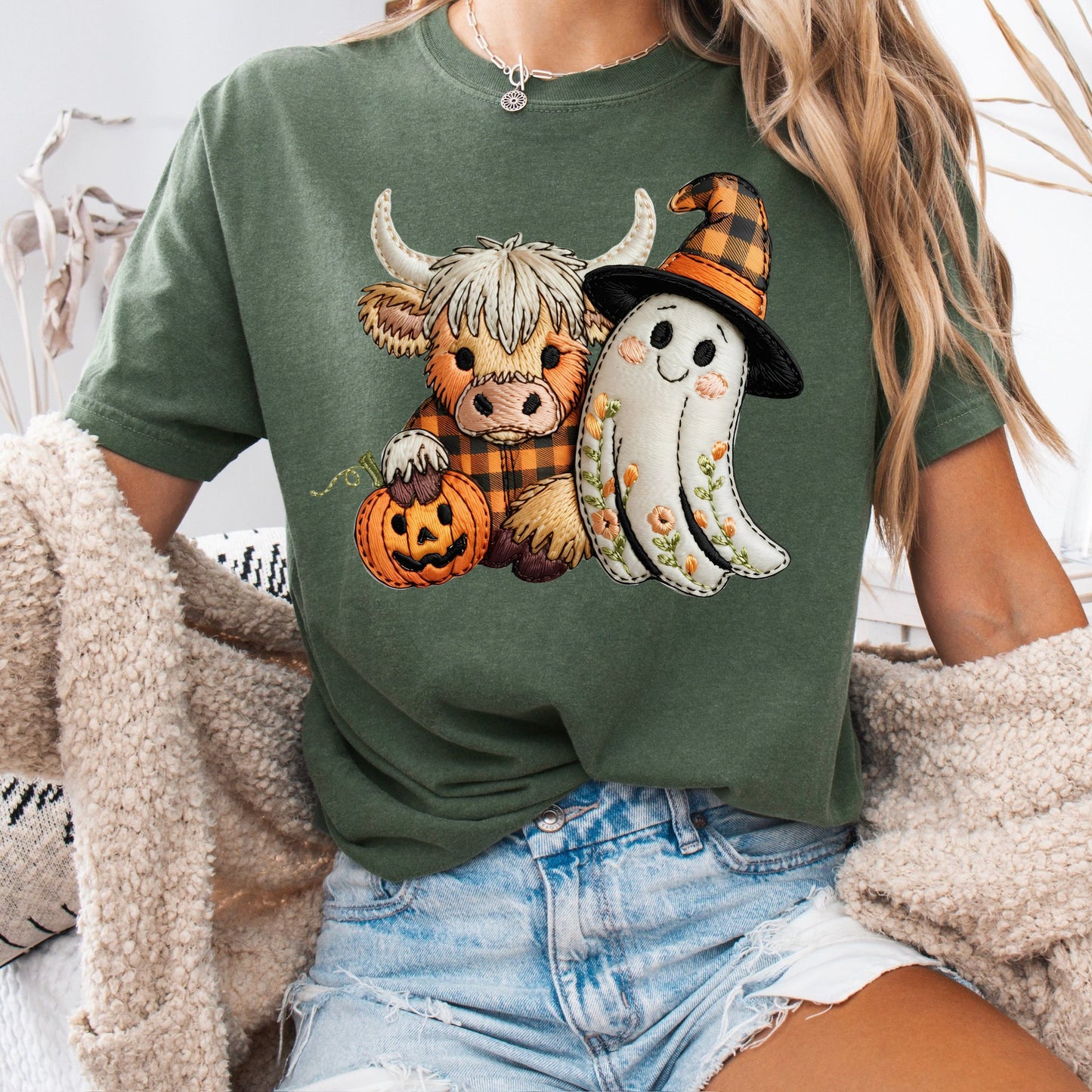 Faux Embroidery Cow & Ghost Tee