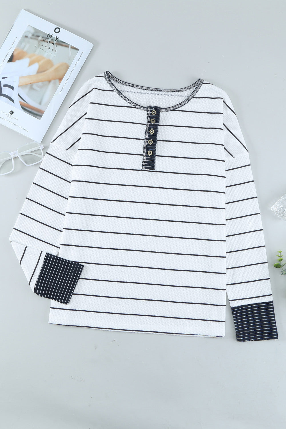 PREORDER: Striped Color Block Buttoned Waffle Knit Shirt (Ships 3-4 Weeks)