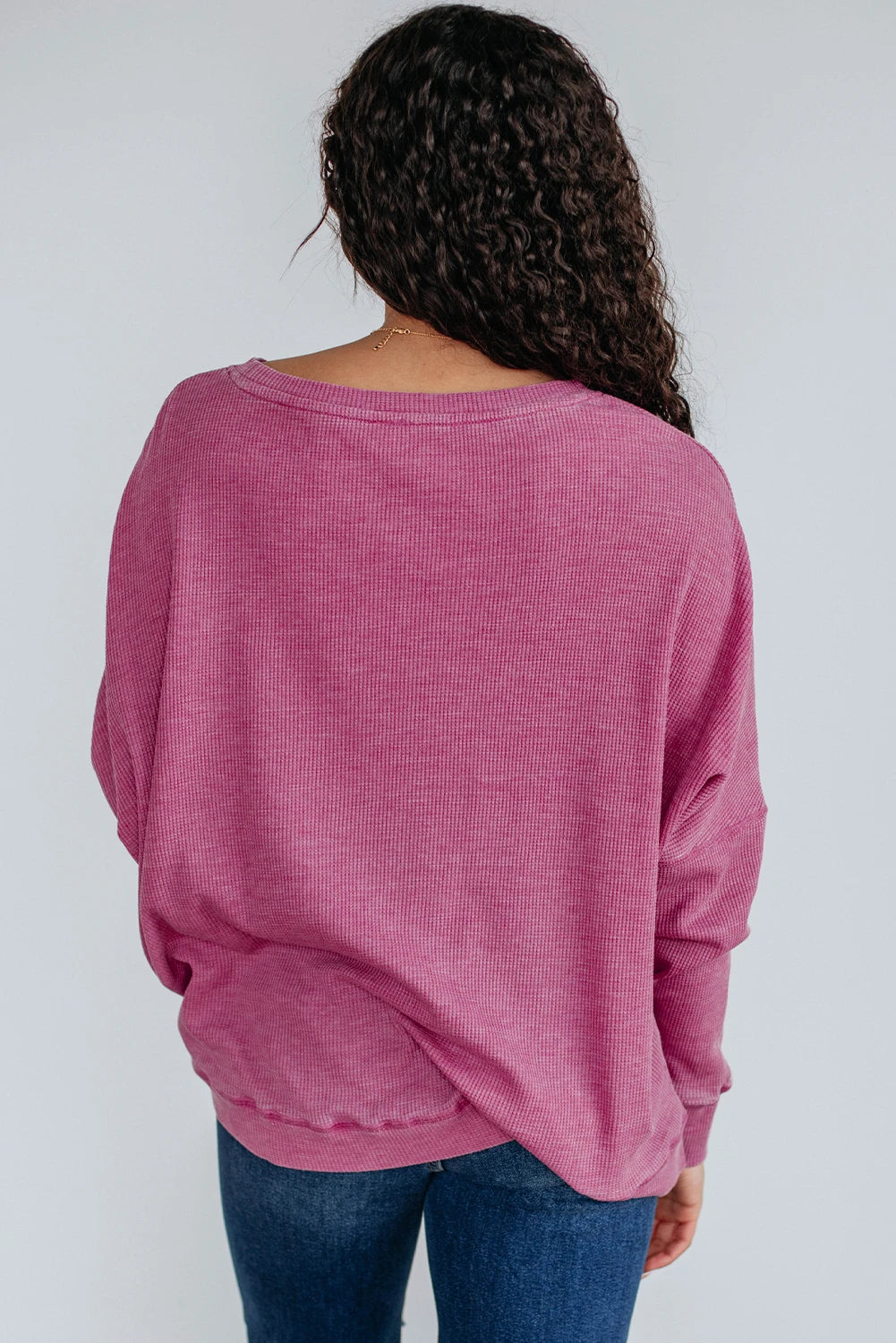 PREORDER: Bright Pink Waffle Knit Patchwork Long Sleeve Loose Top (Ships 21-28 Business Days)