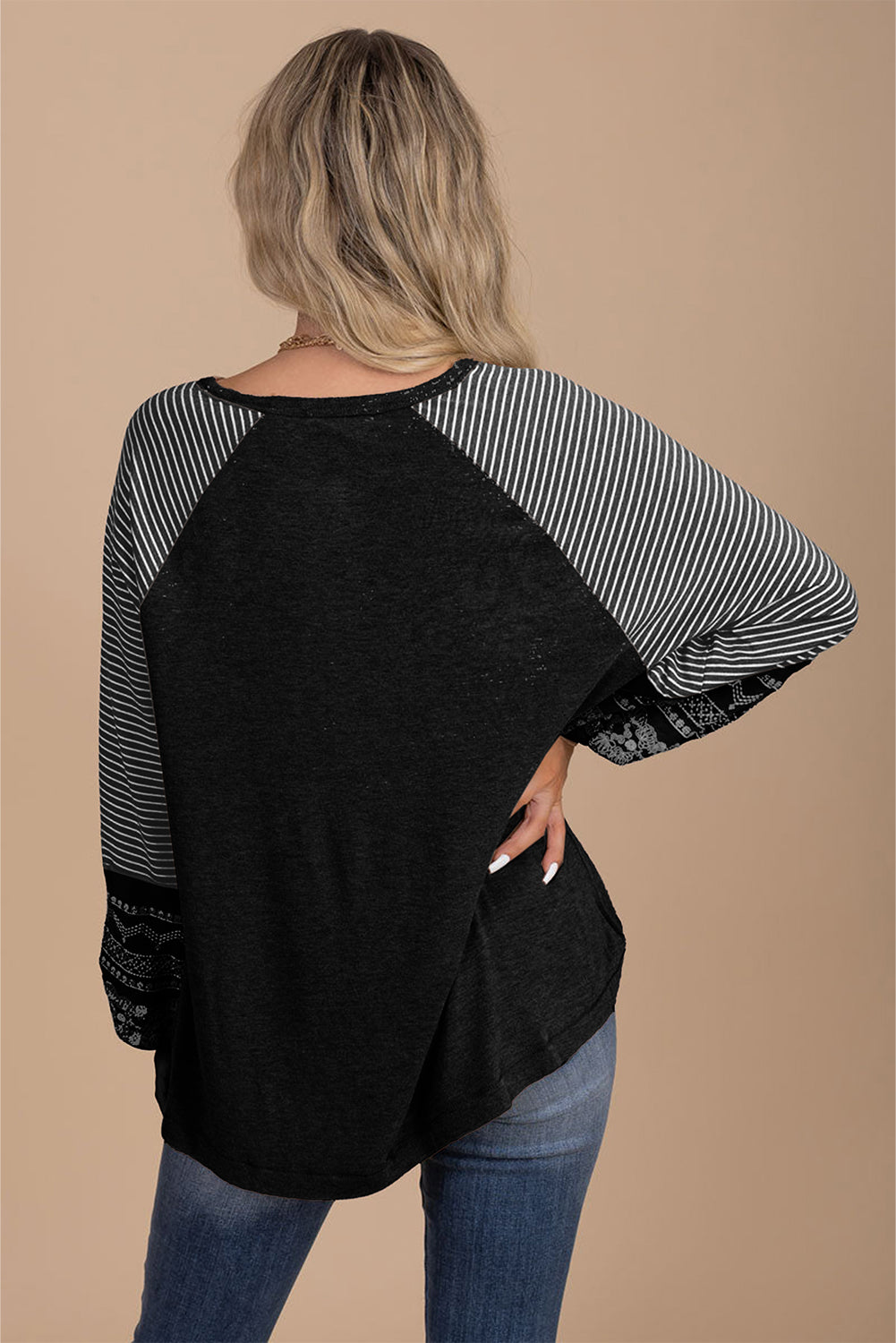 PREORDER: Black Contrast Print Striped Raglan Long Sleeve Loose Top (Ships 3-4 Weeks)