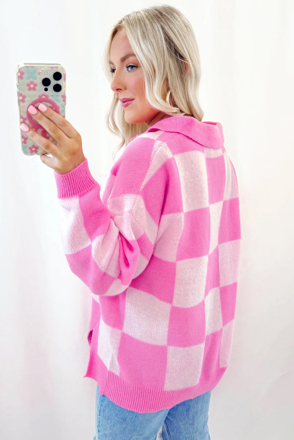 PREORDER: Pink Checkerboard Half Button Collared Drop Shoulder Sweater (Ships in 3-4 weeks)