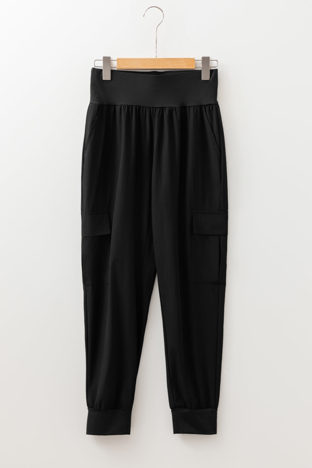 PREORDER: Black Elastic High Waist Pocketed Cargo Jogger Pants (Ships 3-4 Weeks)