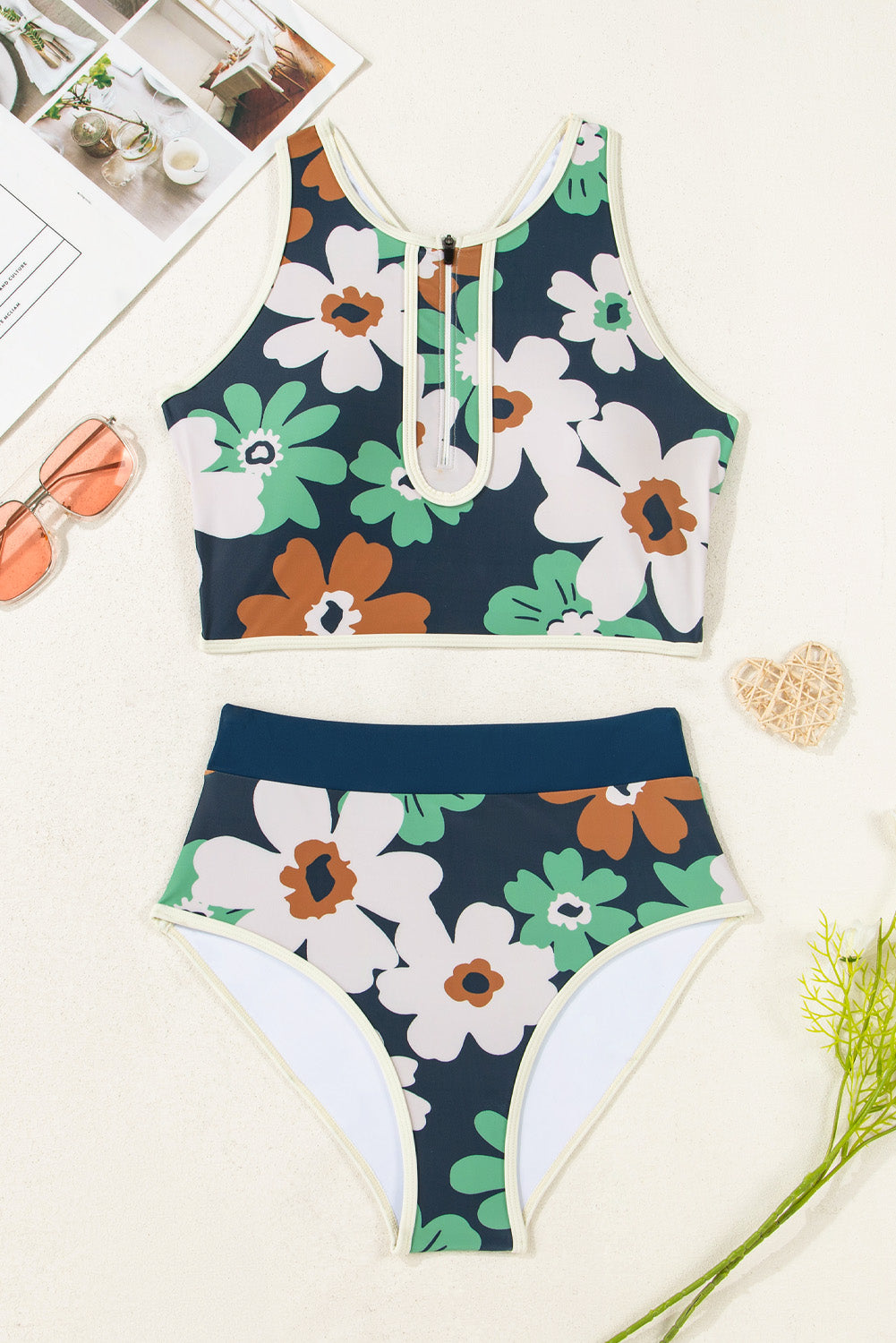PREORDER: Blue Flower Zip up Racerback High Waisted Bikini (Ships 2-5 weeks)
