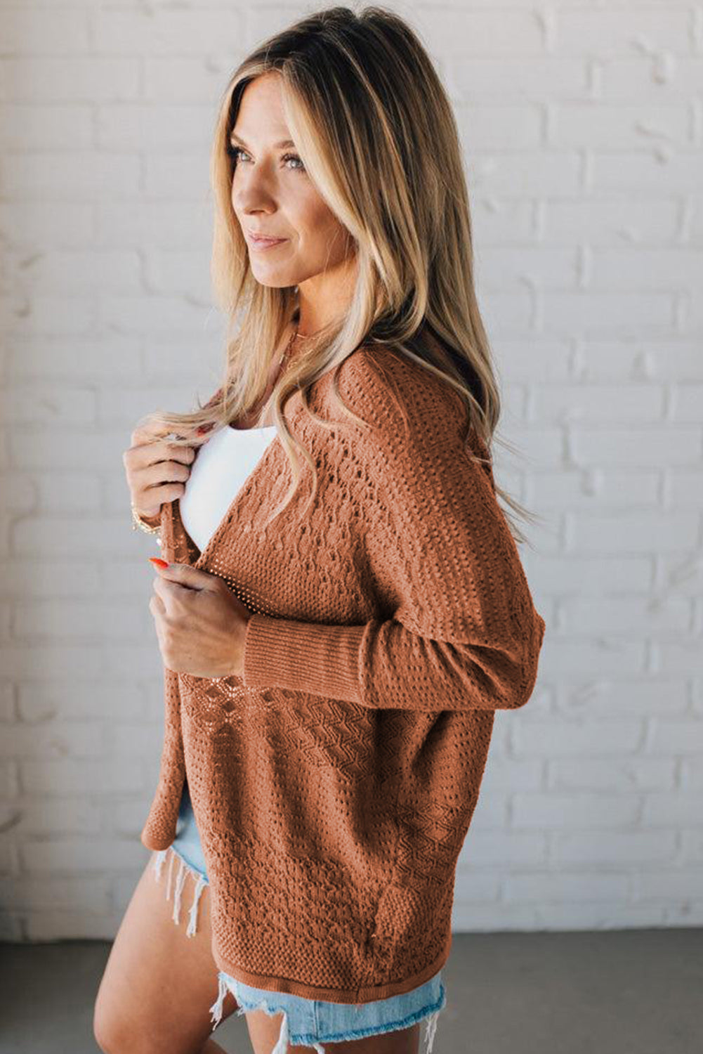 PREORDER: Redwood Burl Mix Pattern Hollowed Knit Open Front Cardigan (Ships 3-4 Weeks)