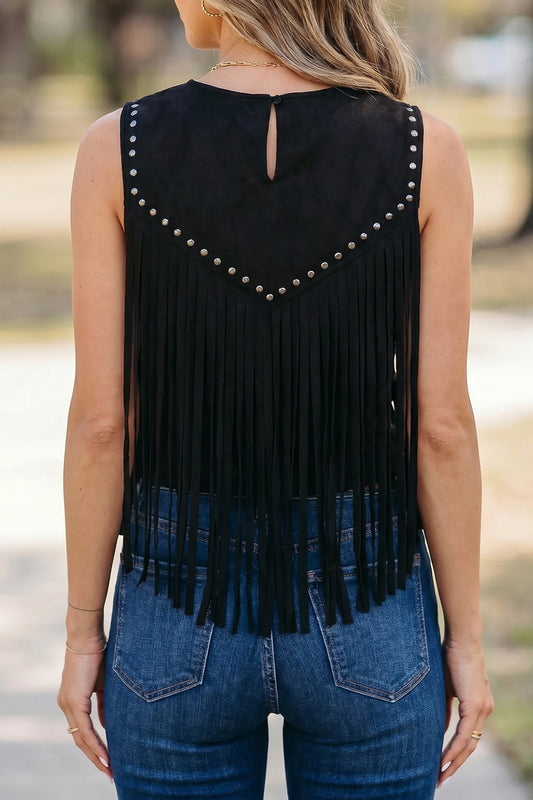 PREORDER: Black Western Fringe Rivet Paneling Bust Sleeveless Top (Ships 21-28 Business Days)