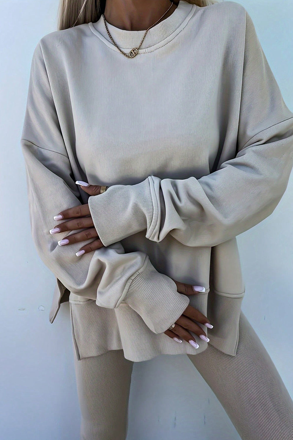 PREORDER: Oversize Slit Sweatshirt Ribbed Leggings 2pcs Set (Ships 3-4 Weeks)