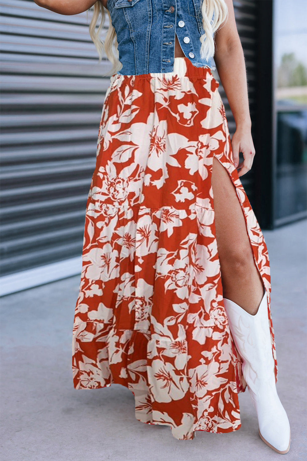 PREORDER: Red High Split Floral Western Cowgirl Maxi Skirt (Ships 3-4 Weeks)