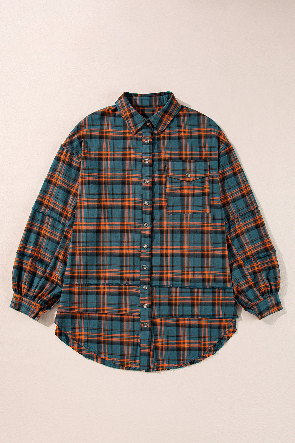 PREORDER: Green Plaid Long Sleeve Side Split Distressed Hem Shirt (Ships 3-4 Weeks)