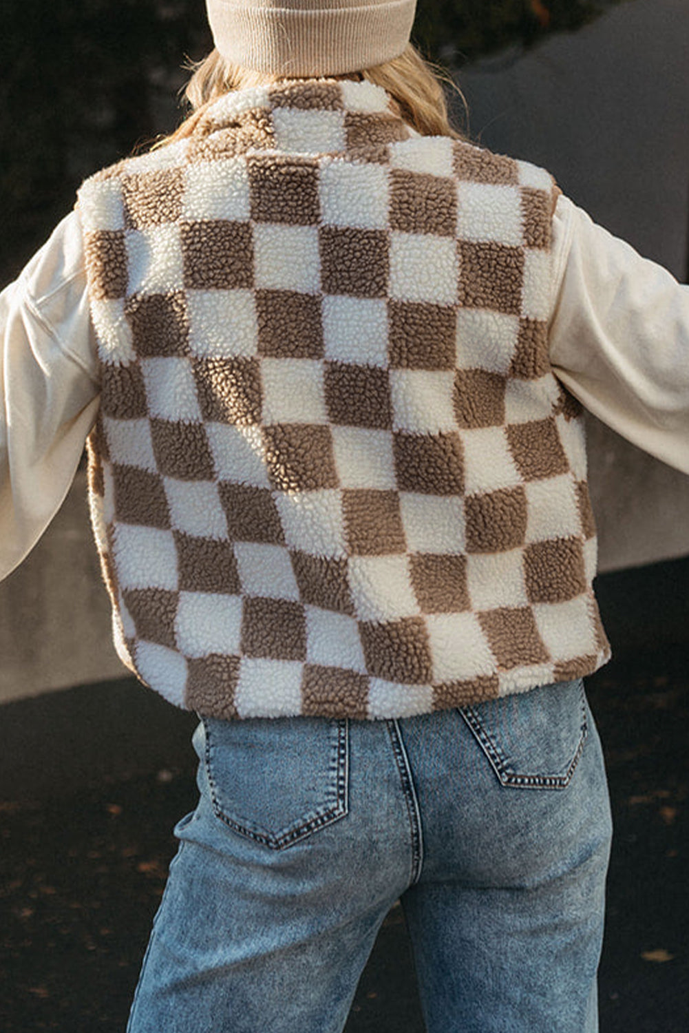 PREORDER: Khaki Checkered Sherpa Collared Jacket Vest (Ships 2-4 Weeks)