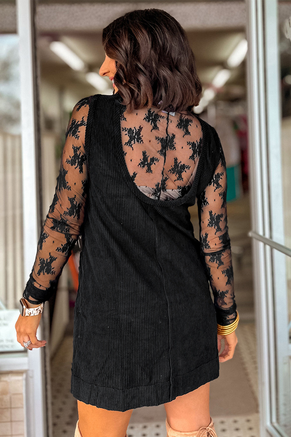 PREORDER: Black Corduroy Sleeveless Mini Dress With Patched Pockets (Ships 3-4 Weeks)