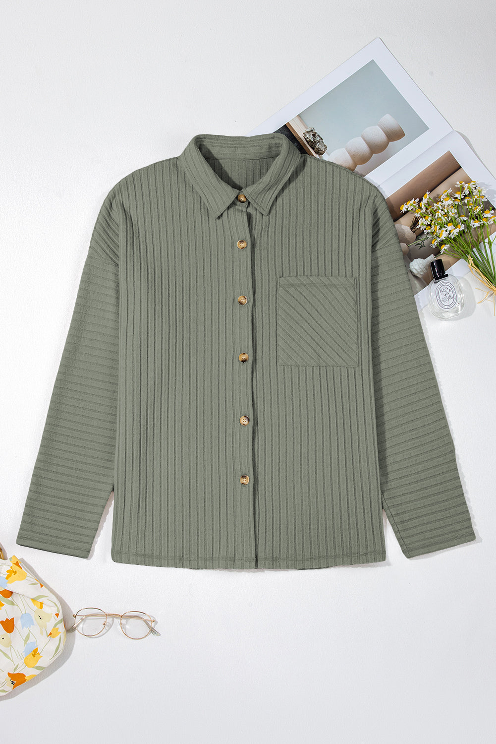 PREORDER: Mist Green Thermal Ribbed Texture Drop Shoulder Button Up Shacket (Ships 3-4 Weeks)