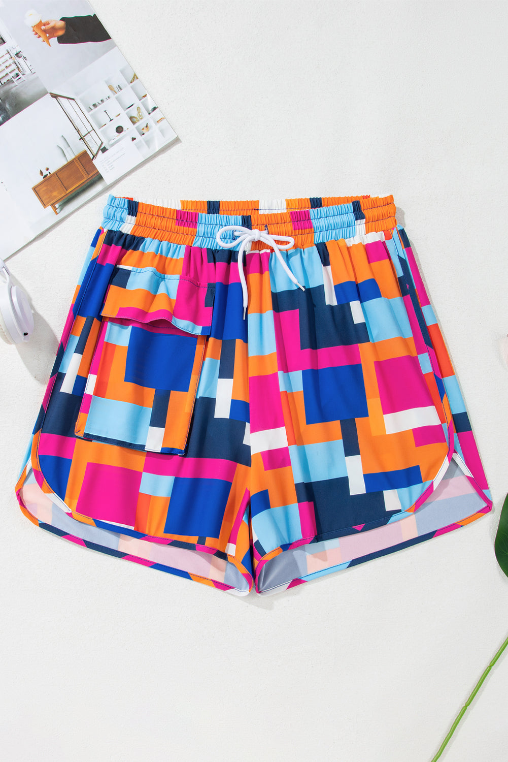 PREORDER: Rose Geometric Printed Drawstring Waist Beach Shorts with Pockets (Ships 2-5 weeks)