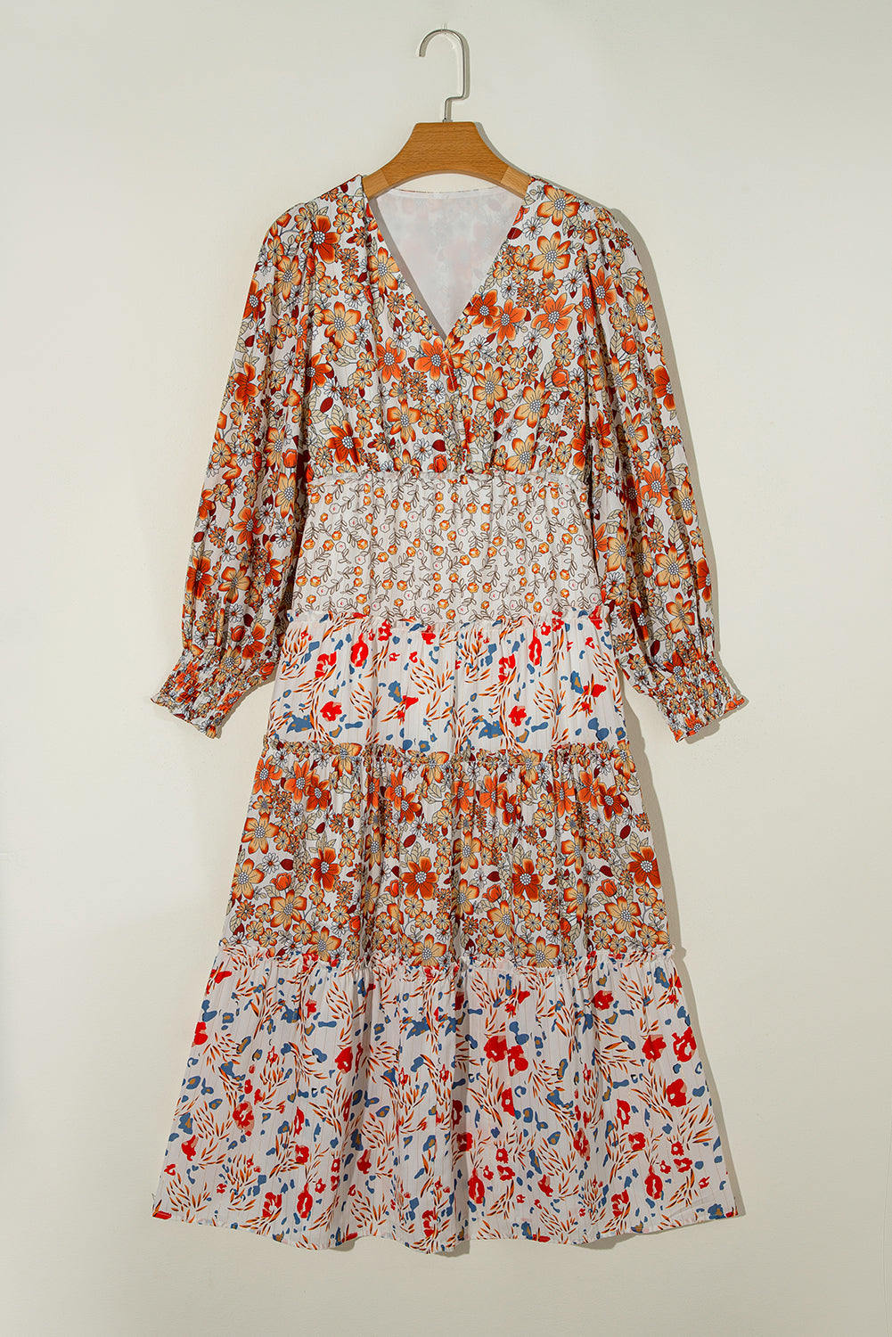 PREORDER: Khaki Floral Print Ruffled Tiered Long Sleeve V Neck Midi Dress (Ships 3-4 Weeks)